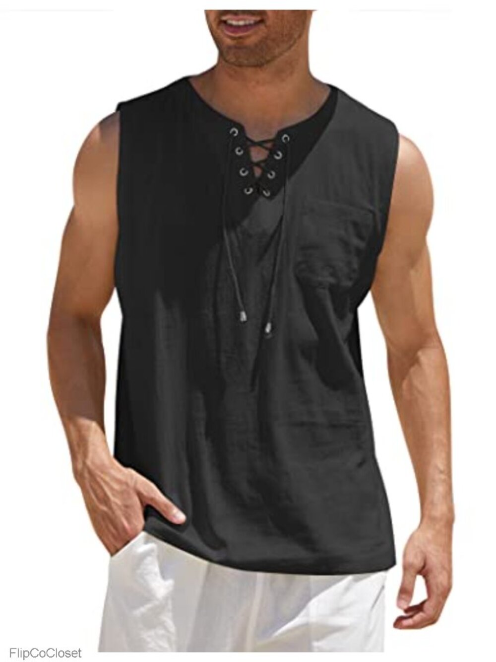 Men's Cotton Linen Sleeveless Tank Top Lace Up Drawstring Tunic Beach